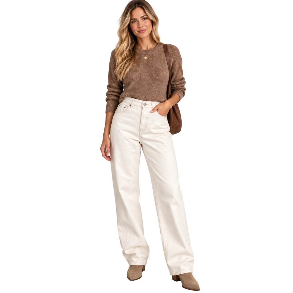 NWT H&M Loose Straight High Waist Full Length Jeans Off White Cream 14